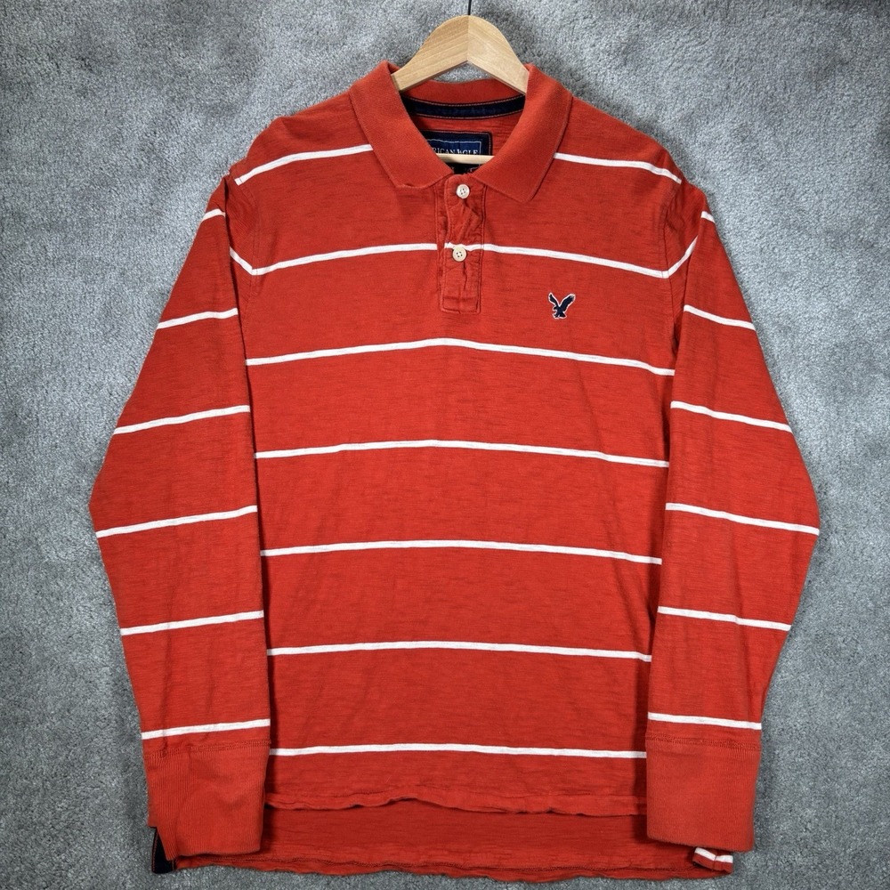 Vintage American Eagle Polo Shirt Mens XL Orangle Striped Long Sleeve Rugby Y2K